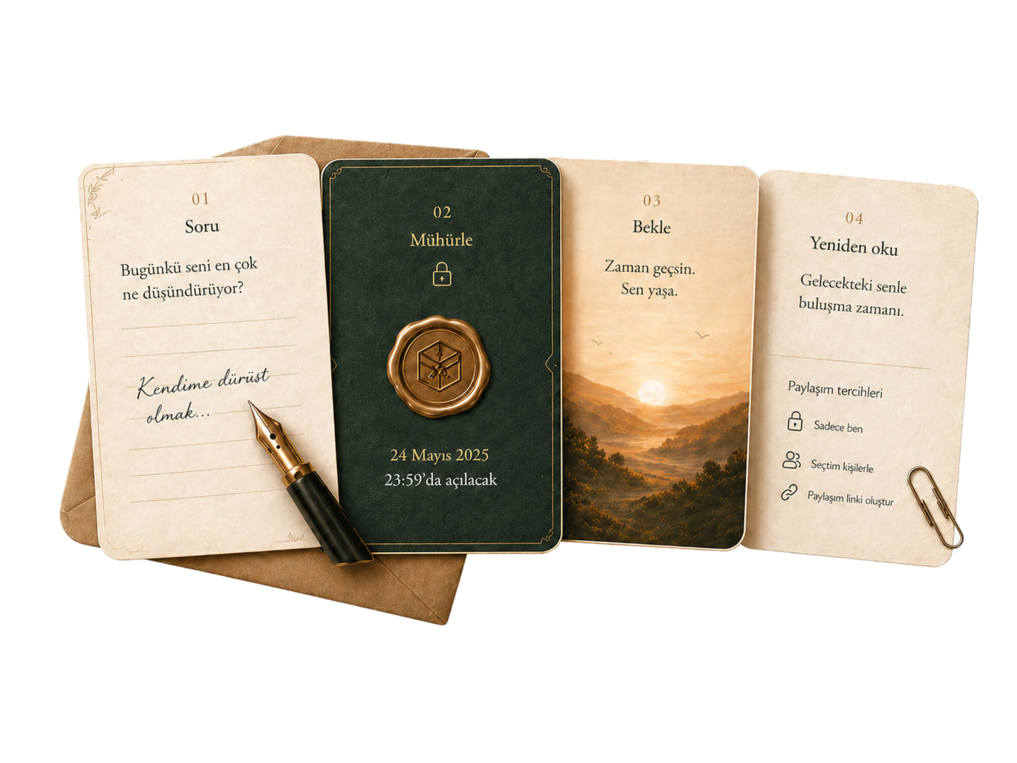 Soru, mühürleme, bekleme ve yeniden okuma adımlarını gösteren zaman kapsülü kartları